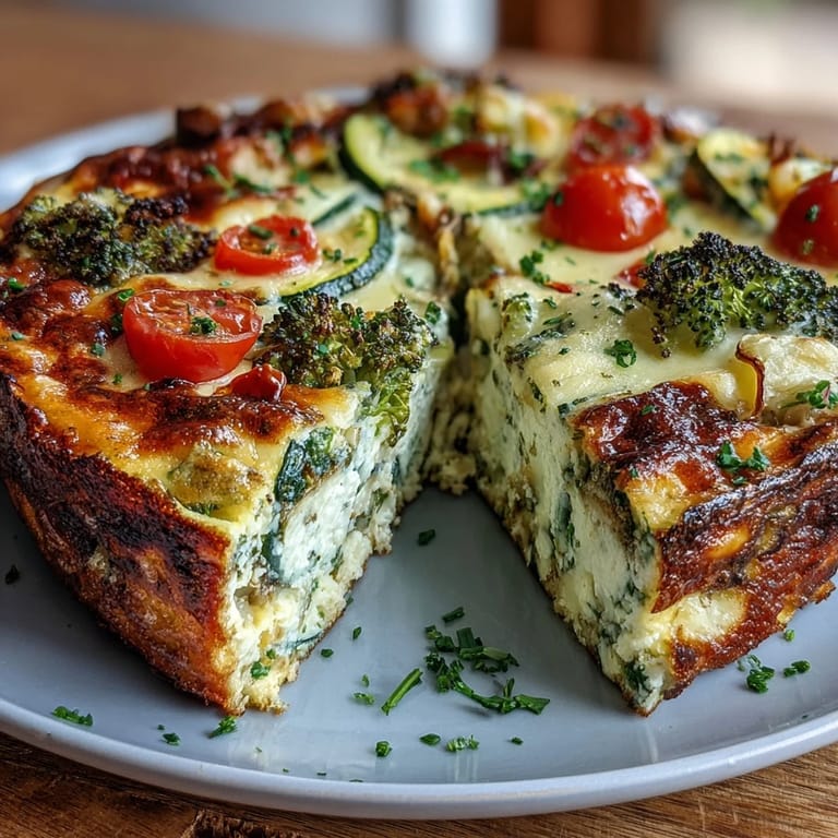 Slice of vegetable frittata on a plate with cherry tomatoes and fresh herbs.