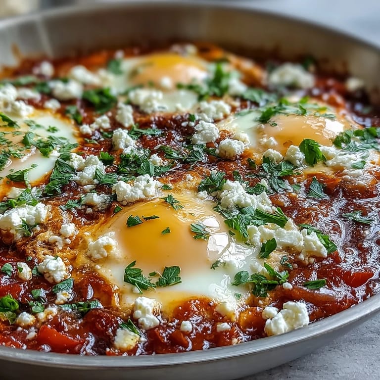 Skillet of steaming shakshuka featuring poached eggs in a cumin and paprika-spiced tomato base, garnished with cilantro and a side of warm pita.