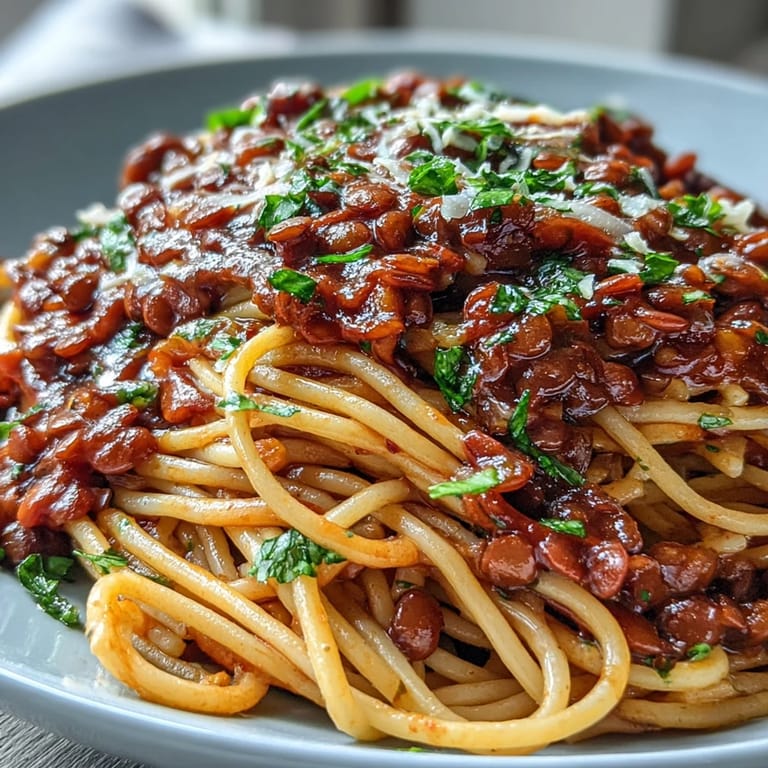 Overhead view of vegetarian Lentil Bolognese simmering in a pot, surrounded by fresh vegetables and herbs on a wooden table.