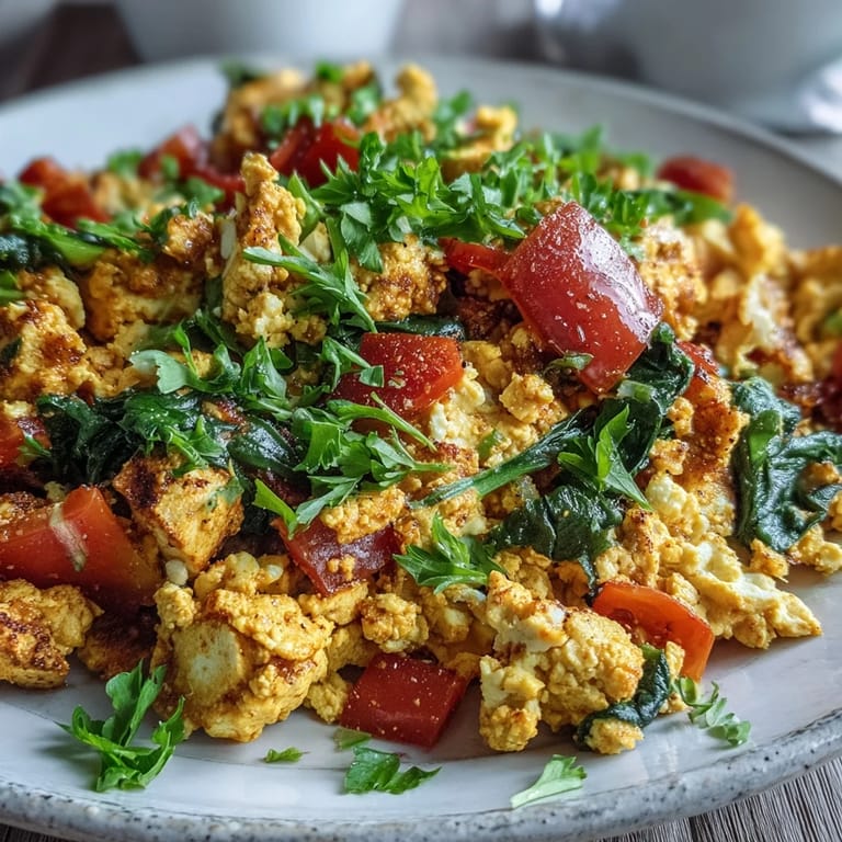 This vegan tofu scramble showcases vibrant veggies and golden spices, ideal for a hearty American breakfast or brunch.