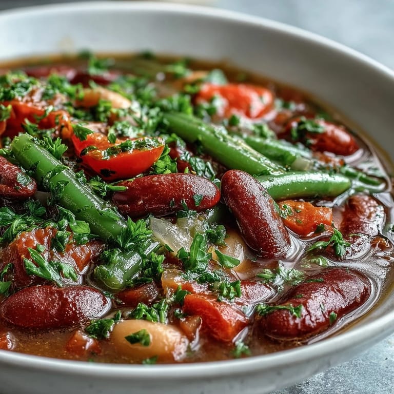 Hearty Three-Bean Salad Soup simmering in a pot, featuring vibrant red kidney beans, cannellini beans, and green beans mixed with diced vegetables.