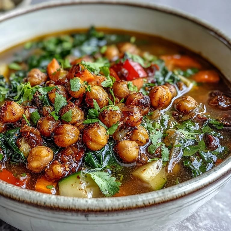 A close-up of a warm, steaming bowl of Spiced Chickpea and Vegetable Soup garnished with fresh cilantro.