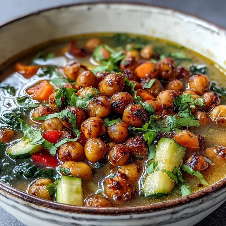 Hearty vegan soup with crispy chickpeas, kale, and aromatic spices, served ready for a cozy dinner.