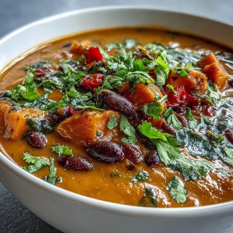 Hearty Sweet Potato and Black Bean Soup simmering in a pot, showcasing creamy orange sweet potatoes and tender black beans in a rich broth.