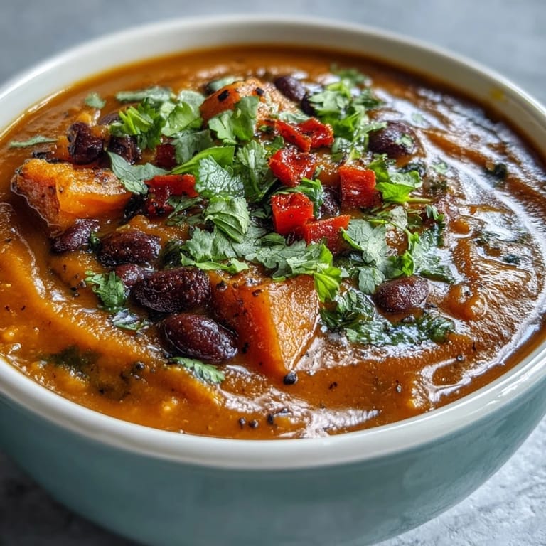 Vibrant Sweet Potato and Black Bean Soup served in a rustic bowl, topped with fresh cilantro and a dollop of Greek yogurt.