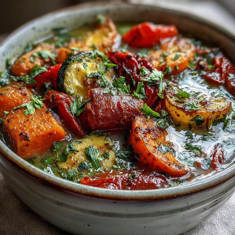 Creamy Roasted Vegetable Soup with croutons and toasted seeds served steaming hot alongside crusty artisan bread.