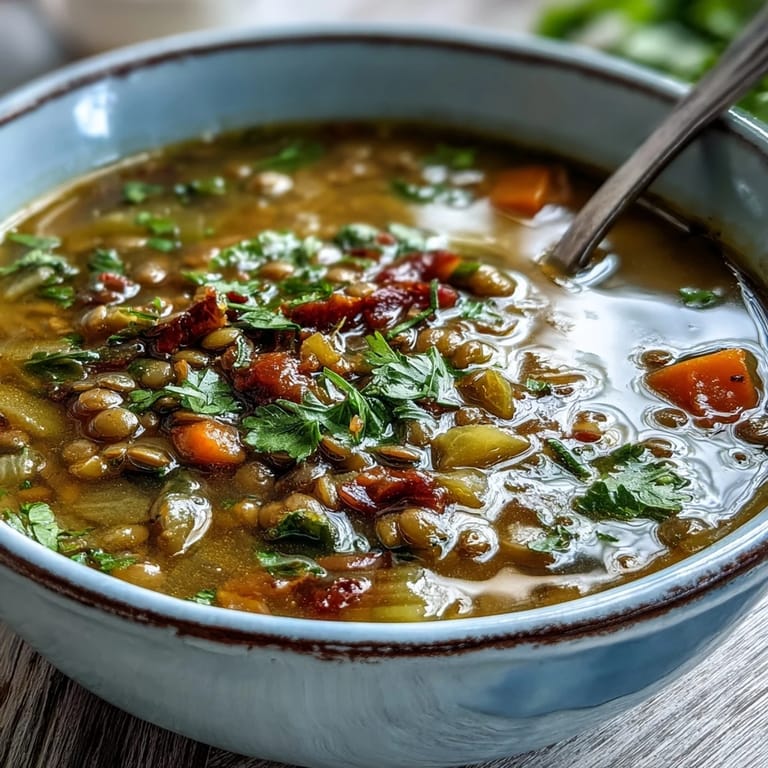 Close-up of vegan Mung Bean Soup featuring tender beans, diced vegetables, and a hint of bright lemon.
