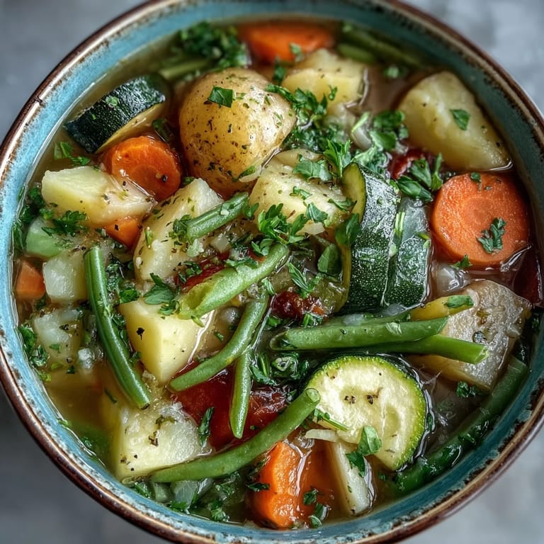 Comforting Potato and Vegetable Soup simmering in a pot, revealing a rich broth filled with seasonal vegetables like green beans and carrots.