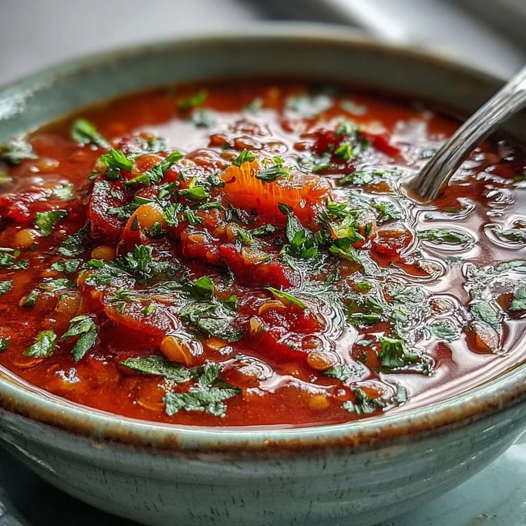 Steaming Tomato Lentil Soup in a rustic bowl, featuring a vibrant tomato base and tender lentils, perfect for a wholesome meal.