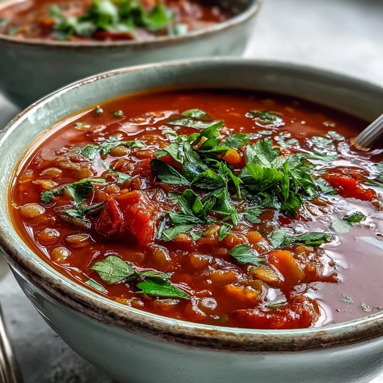Close-up of vibrant Tomato Lentil Soup, highlighting the rich broth, soft lentils, and a garnish of fresh parsley and lemon.