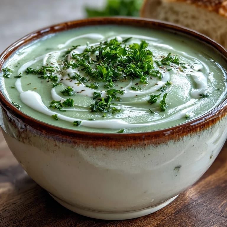 A ladle of creamy celery and herb soup pours from a pot, highlighting its silky-smooth, velvety texture.