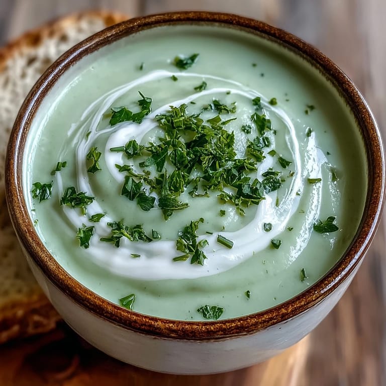 A steaming bowl of creamy celery and herb soup paired with crusty bread on a wooden table.