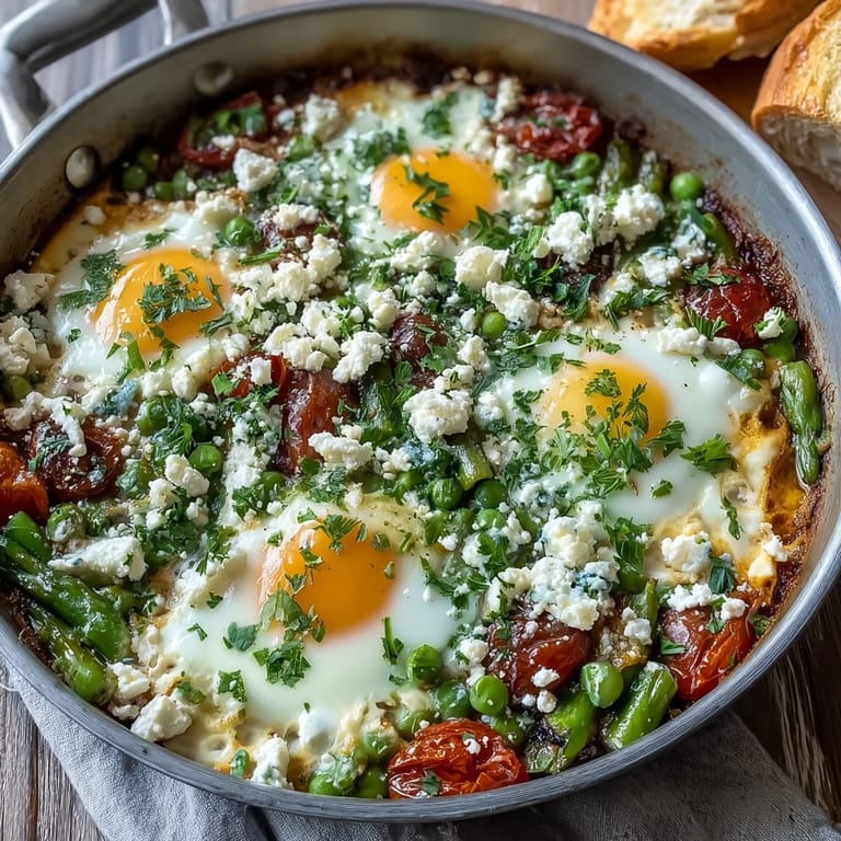 Sizzling Pea and Broad Bean Shakshuka topped with crumbled feta, fresh herbs, and a drizzle of olive oil.