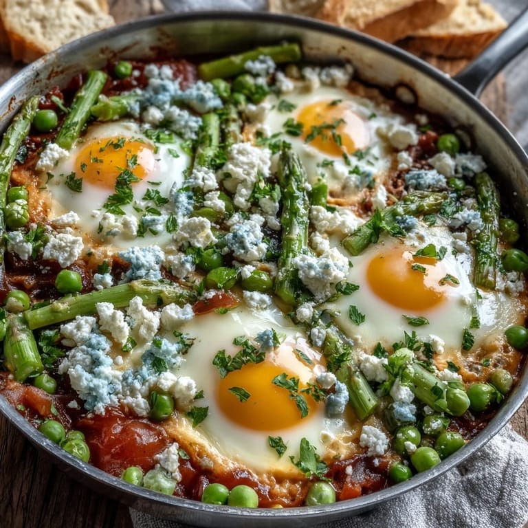 A hearty pan of Pea and Broad Bean Shakshuka with runny yolks, spring vegetables, and crusty bread.