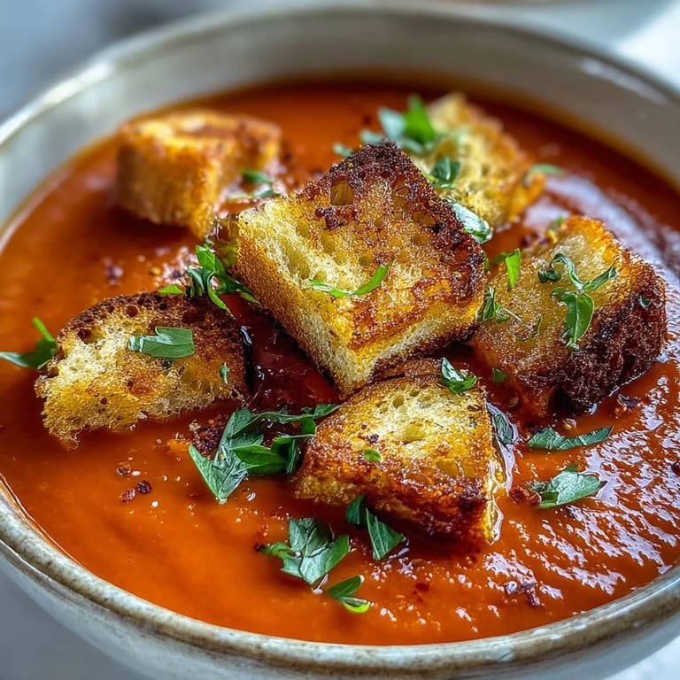 Roasted red pepper soup with crispy croutons, ladled into a white bowl and garnished with fresh parsley for a bright serving suggestion.