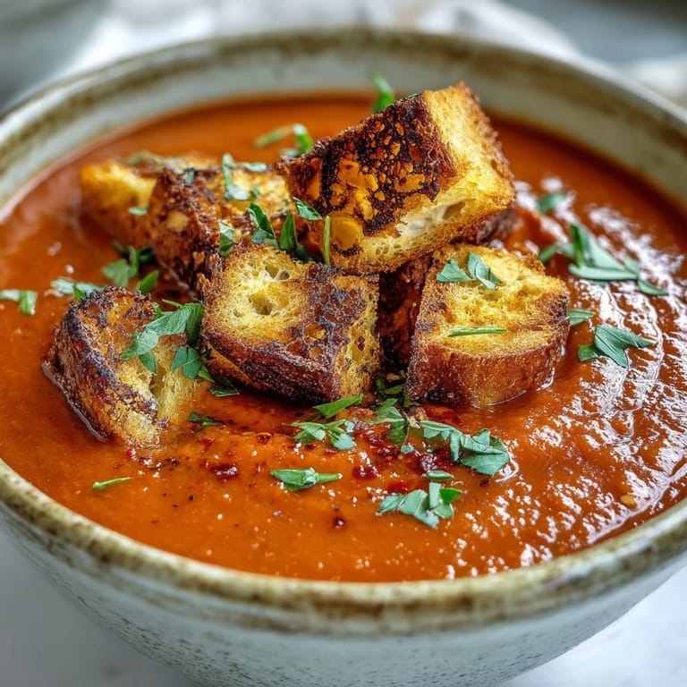 Vibrant, silky roasted red pepper soup served hot in a rustic bowl, garnished with crispy croutons and a hint of harissa heat.