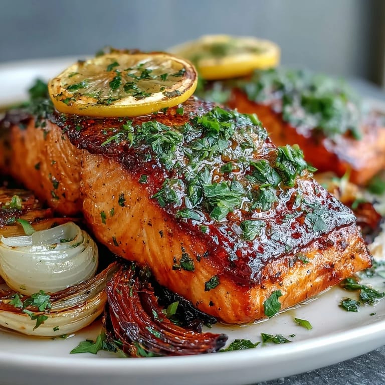 Easy One-Pan Roast Salmon With Leeks, Onions, and Parsley Dressing served hot for a healthy gluten-free weeknight dinner.