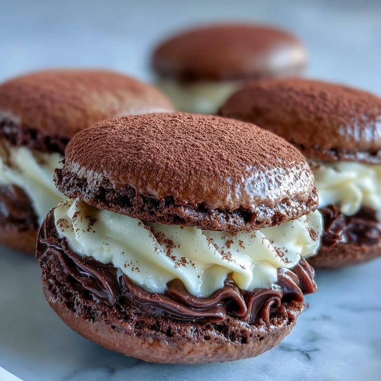 Homemade Tiramisu Whoopie Pies, chocolate cookie halves stuffed with espresso mascarpone cream, ready to serve chilled.