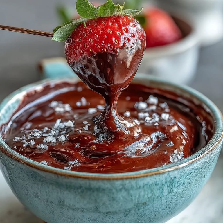Rich Boozy Chocolate Fondue is served in a fondue pot with skewers for dipping.