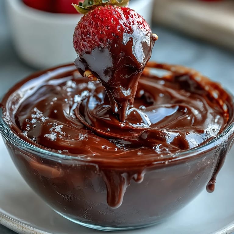 Decadent Boozy Chocolate Fondue swirls in a bowl with strawberries, marshmallows, and pretzels.