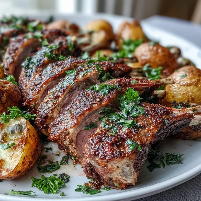 Frenched lamb chops with a rosemary-thyme crust served over savory roasted potatoes tossed with briny olives and capers.