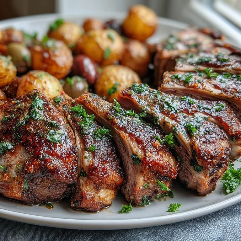 A complete One-Pan Roast Rack of Lamb dinner for two with succulent meat and herbaceous olive potatoes, perfect for romantic date nights.