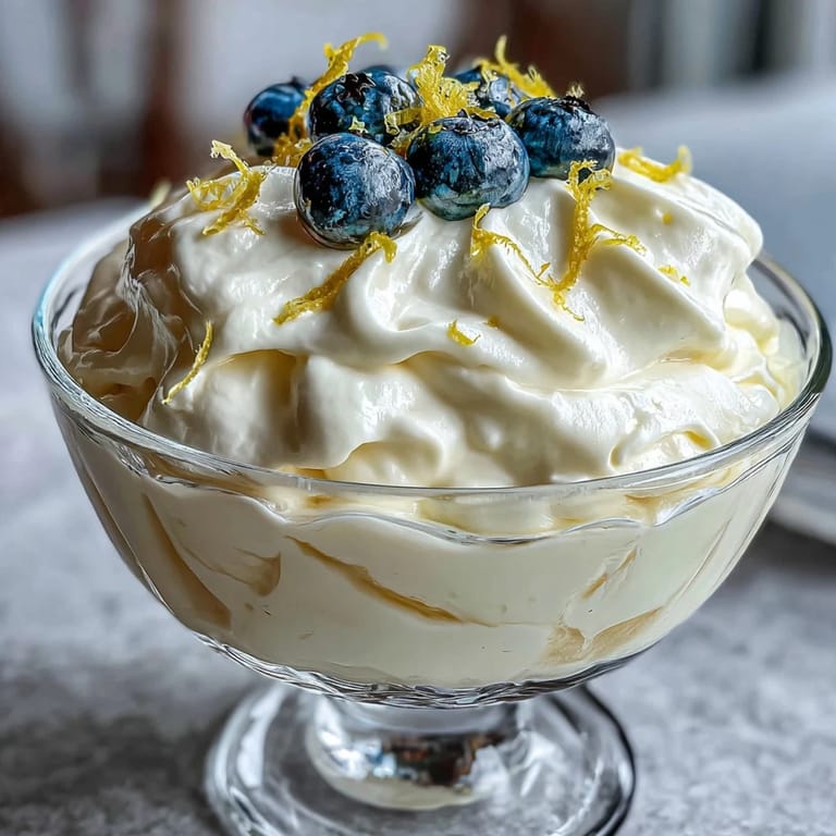 A marbled Lemon Fool dessert, featuring creamy lemon filling swirled with whipped cream and fresh raspberries for a bright finish.