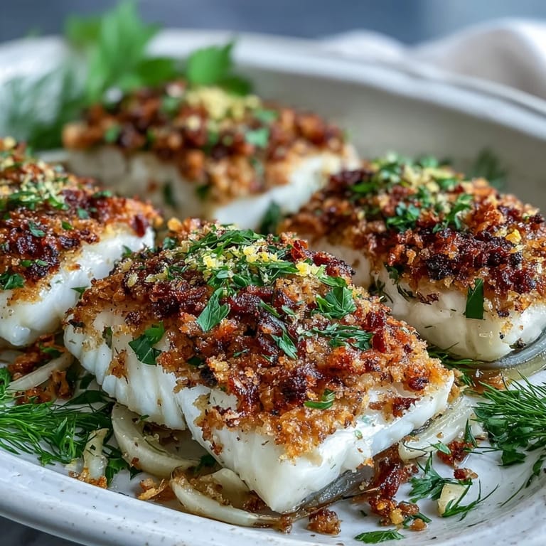 A close-up of Baked Halibut With Fennel, Lemon and Walnut Pangrattato garnished with fresh parsley for an easy dinner.