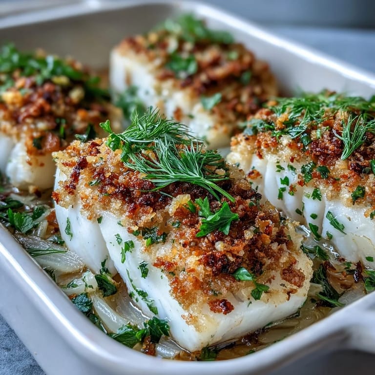 Tender white fish covered in a crispy walnut and breadcrumb topping served alongside bright lemon wedges and greens.
