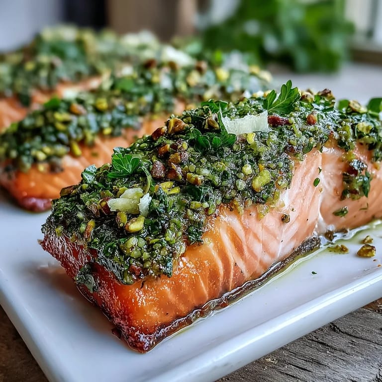 A close look at Confit Salmon With Tahini, Pistachio and Herb Crust showing soft, flaky fish beneath a vibrant green crust.