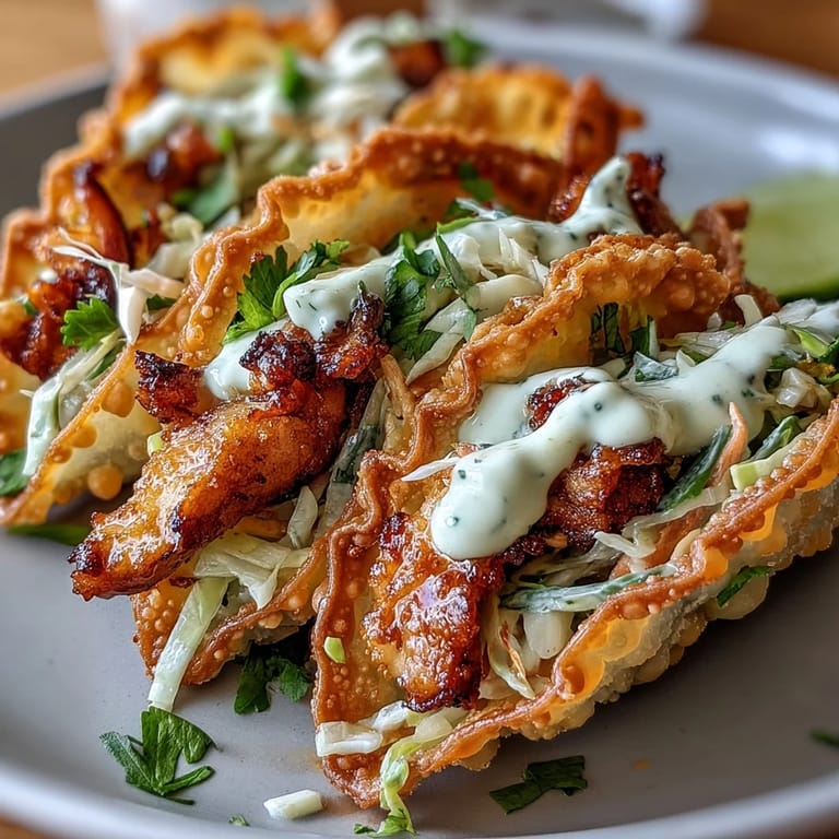 Served hot, these Crispy Chicken Wonton Tacos are drizzled with creamy sriracha mayo.