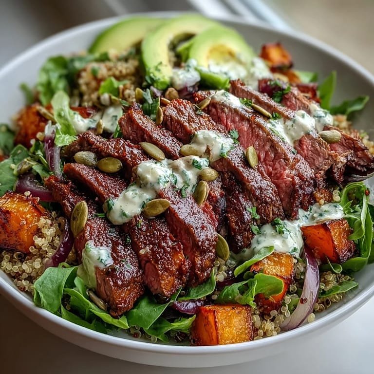 Butternut squash steak bowls drizzled with zesty lime-cilantro dressing, garnished with pepitas.