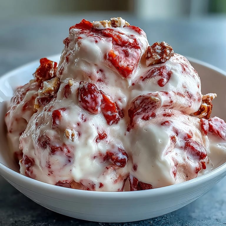 Freshly frozen Greek yogurt clusters featuring a marbled strawberry swirl and chopped banana chips, offering a healthy, gluten-free dessert snack perfect for summer.