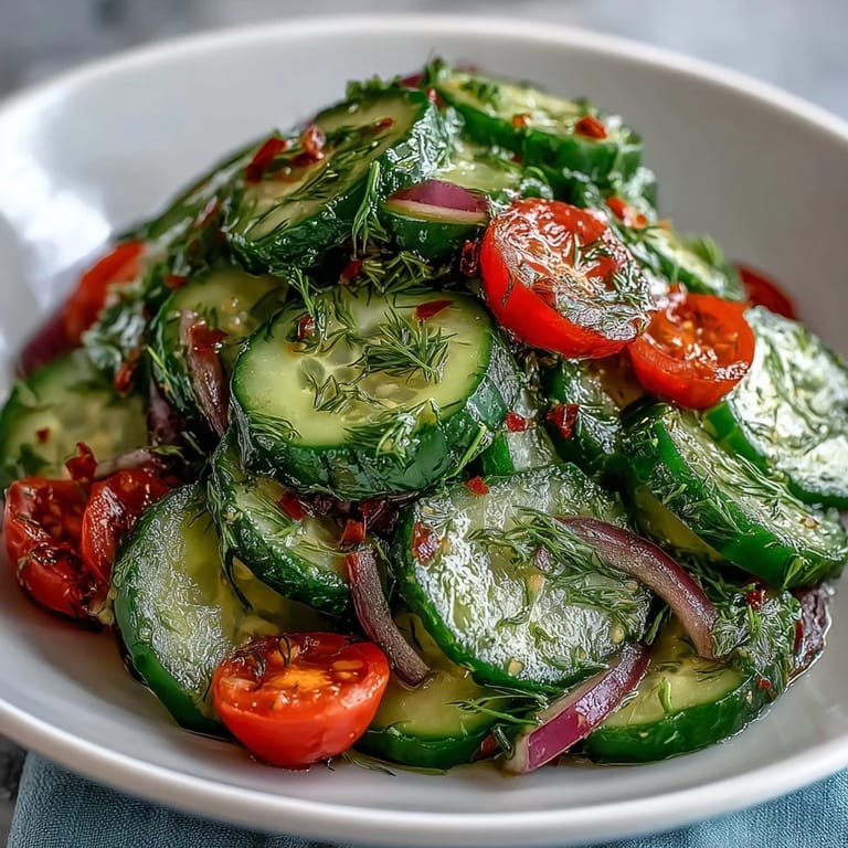 Sliced cucumbers and herbs tossed in a vinegar dressing for Refreshing Crunchy Cucumber Salad.