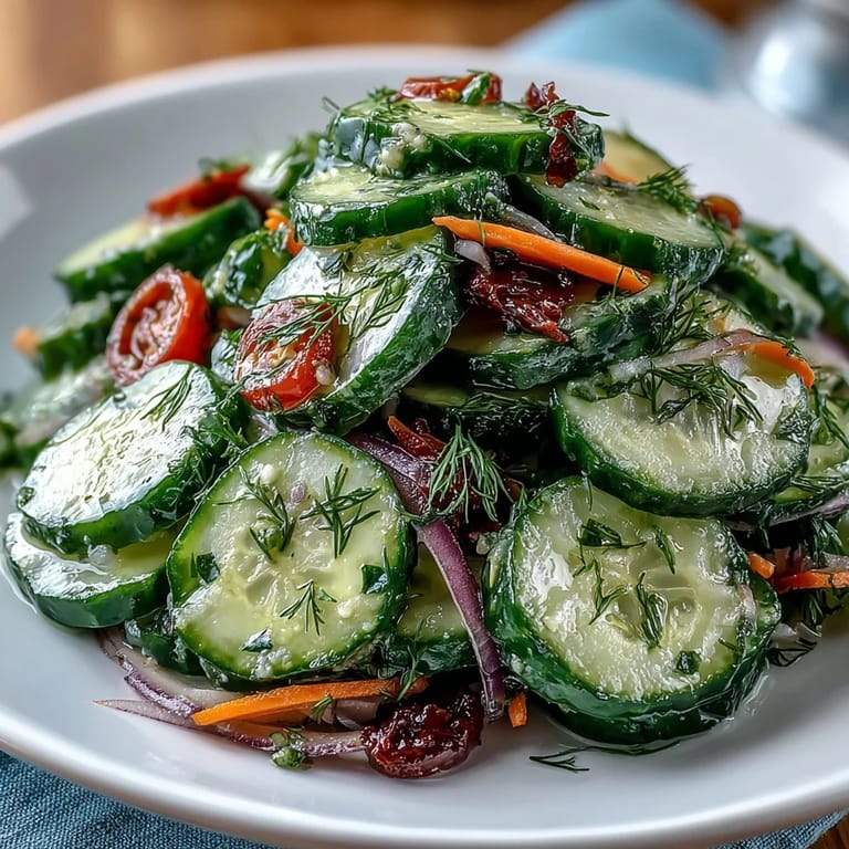 Garnished bowl of Refreshing Crunchy Cucumber Salad with sesame seeds next to grilled fish.