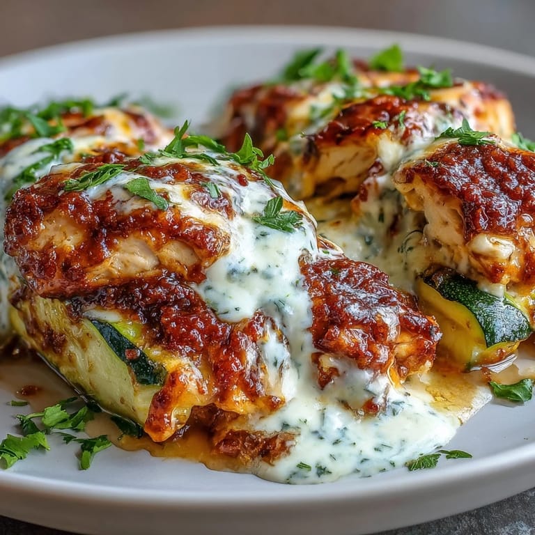 Creamy High Protein Chicken Zucchini Bake topped with melted mozzarella and fresh parsley, served hot from the oven for dinner.