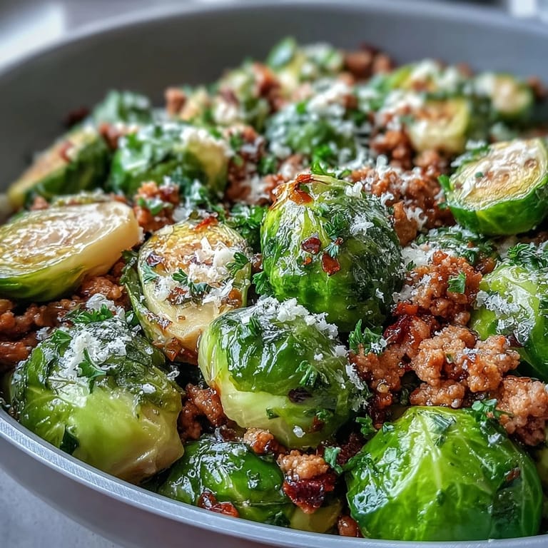 One-pan Brussels Sprouts & Ground Turkey Skillet recipe, brightened with lemon and ready to serve.