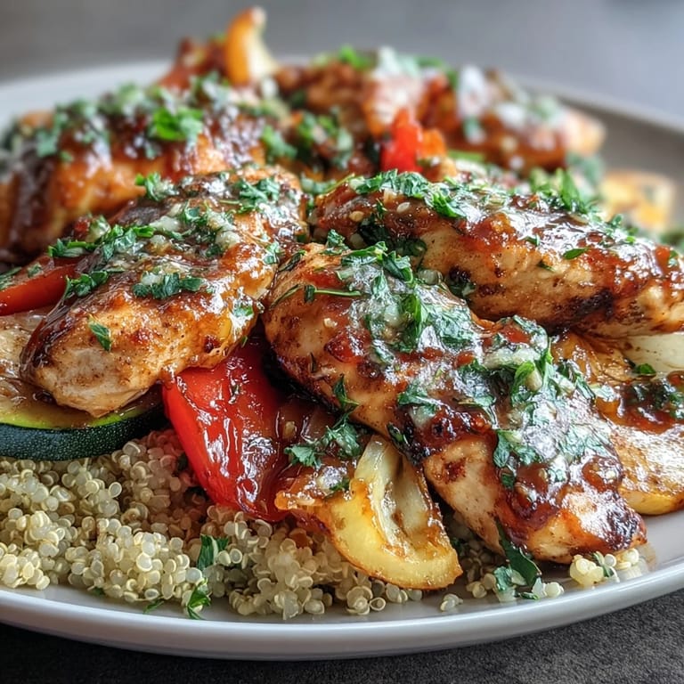 A vibrant bowl of paprika herb chicken, roasted zucchini and bell peppers, and quinoa topped with fresh parsley. 