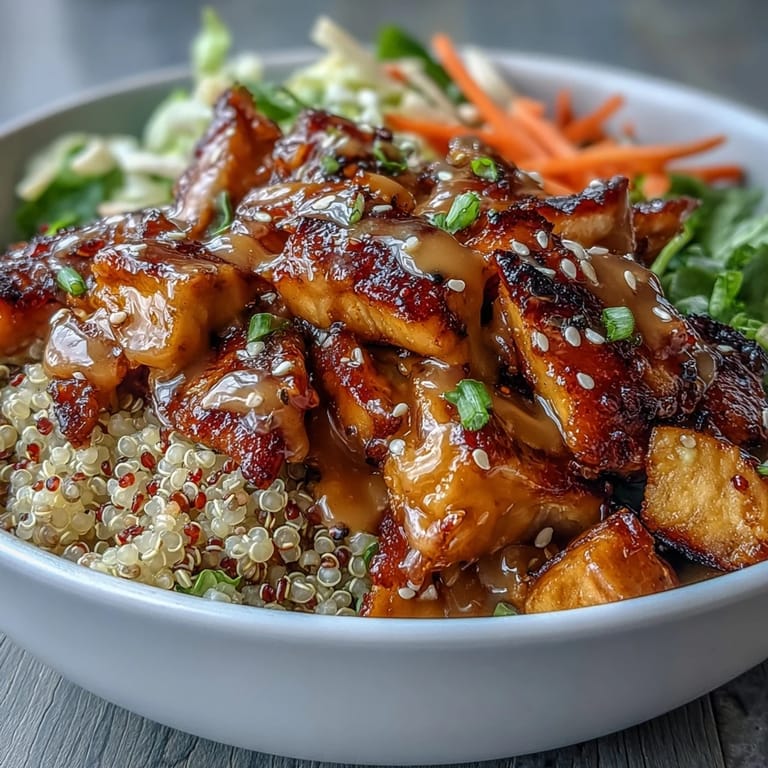 Freshly cooked spiced chicken and caramelized sweet potatoes fill a bowl with fluffy quinoa, topped with crunchy red cabbage slaw and drizzled with tangy hot honey mustard dressing.