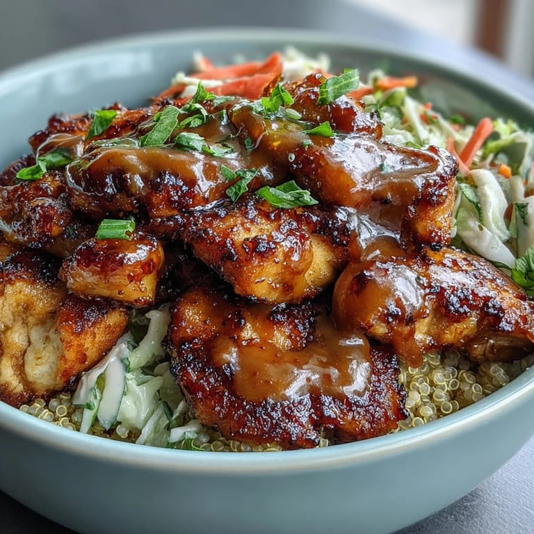 A close-up view of a Hot Honey Chicken Bowl showing the textures of spiced chicken, roasted sweet potatoes, and red cabbage slaw.