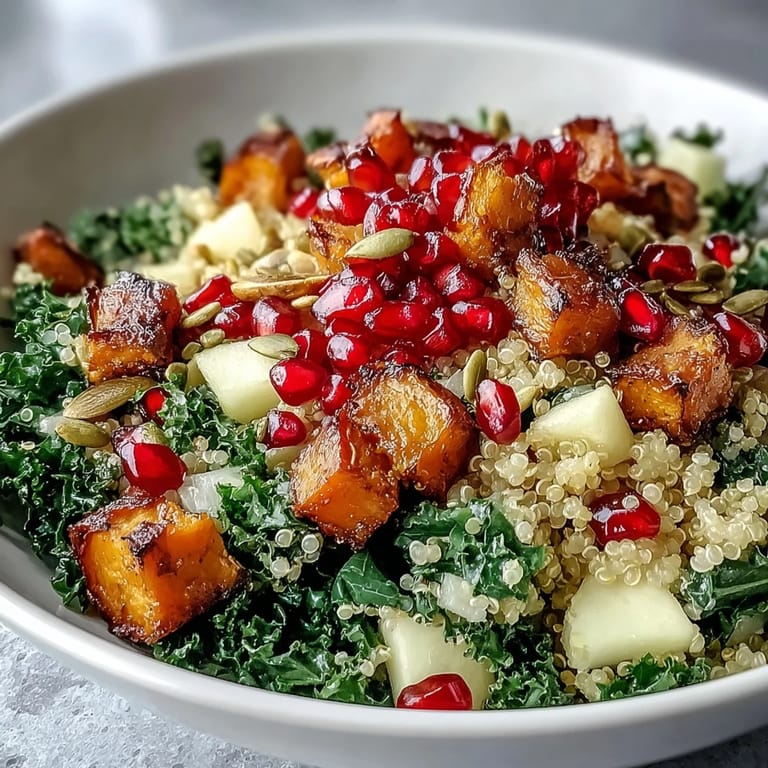 Served Kale Harvest Grain Bowl with sweet potatoes and pomegranate seeds, ready for a wholesome vegetarian main dish.