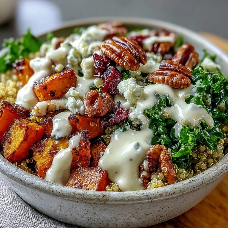 Close-up of a wholesome Harvest Kale Quinoa Bowl featuring massaged kale, toasted pecans, and crumbled blue cheese on a bed of warm quinoa.