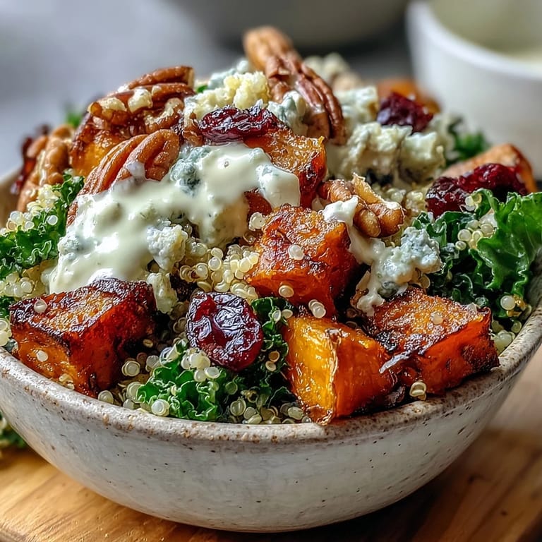 A vibrant Harvest Kale Quinoa Bowl drizzled with creamy lemon tahini dressing, dotted with sweet cranberries, perfect for a healthy autumn weeknight meal.