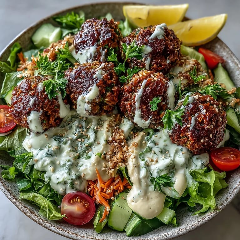 A drizzle of rich tahini sauce ties together this Mediterranean-inspired falafel bowl served with lemon wedges.