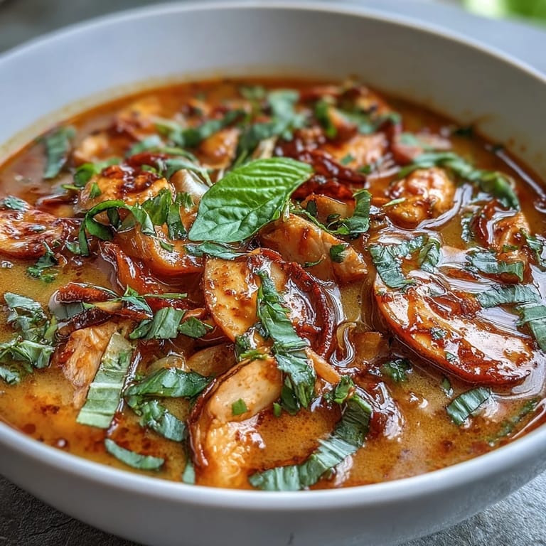 Fragrant Thai Coconut Curry Soup Bowl filled with juicy chicken, crisp vegetables, and aromatic spices, served steaming hot in a rustic bowl.  