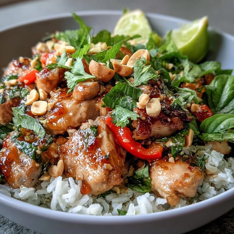 Juicy chicken simmered in Thai spices, served over coconut rice with crisp vegetables and aromatic basil garnish.  