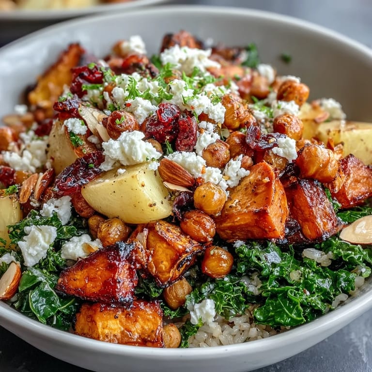 Nutritious and colorful Fall Harvest Bowl with wild rice, roasted sweet potatoes, kale, apples, celery, almonds, and feta cheese.