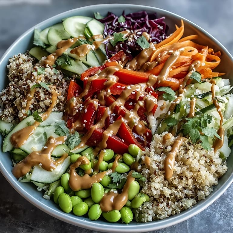 Fresh Thai-inspired quinoa bowl with edamame, cucumber, and zesty peanut dressing garnished with cilantro and sesame seeds.