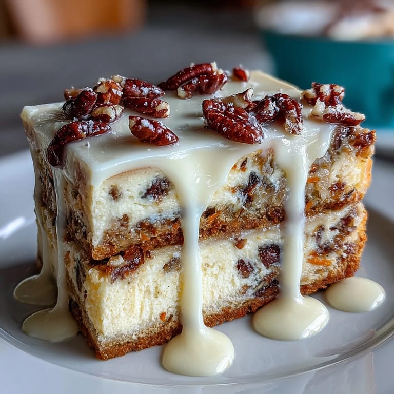 Soft carrot cake bars meet creamy cheesecake, finished with tangy cream cheese frosting—perfect for Easter dessert tables.