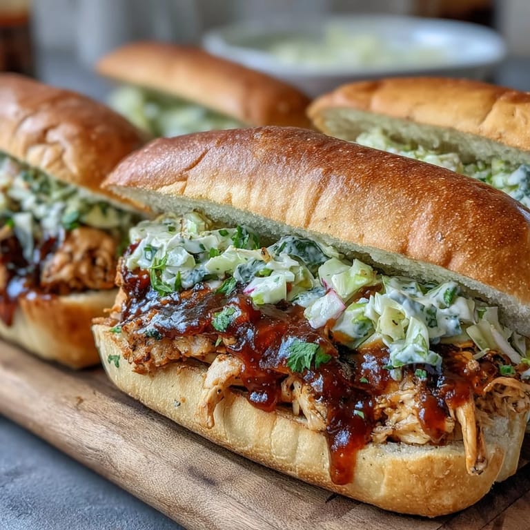 Tender BBQ chicken sliders layered with crunchy coleslaw, a classic American party food favorite.
